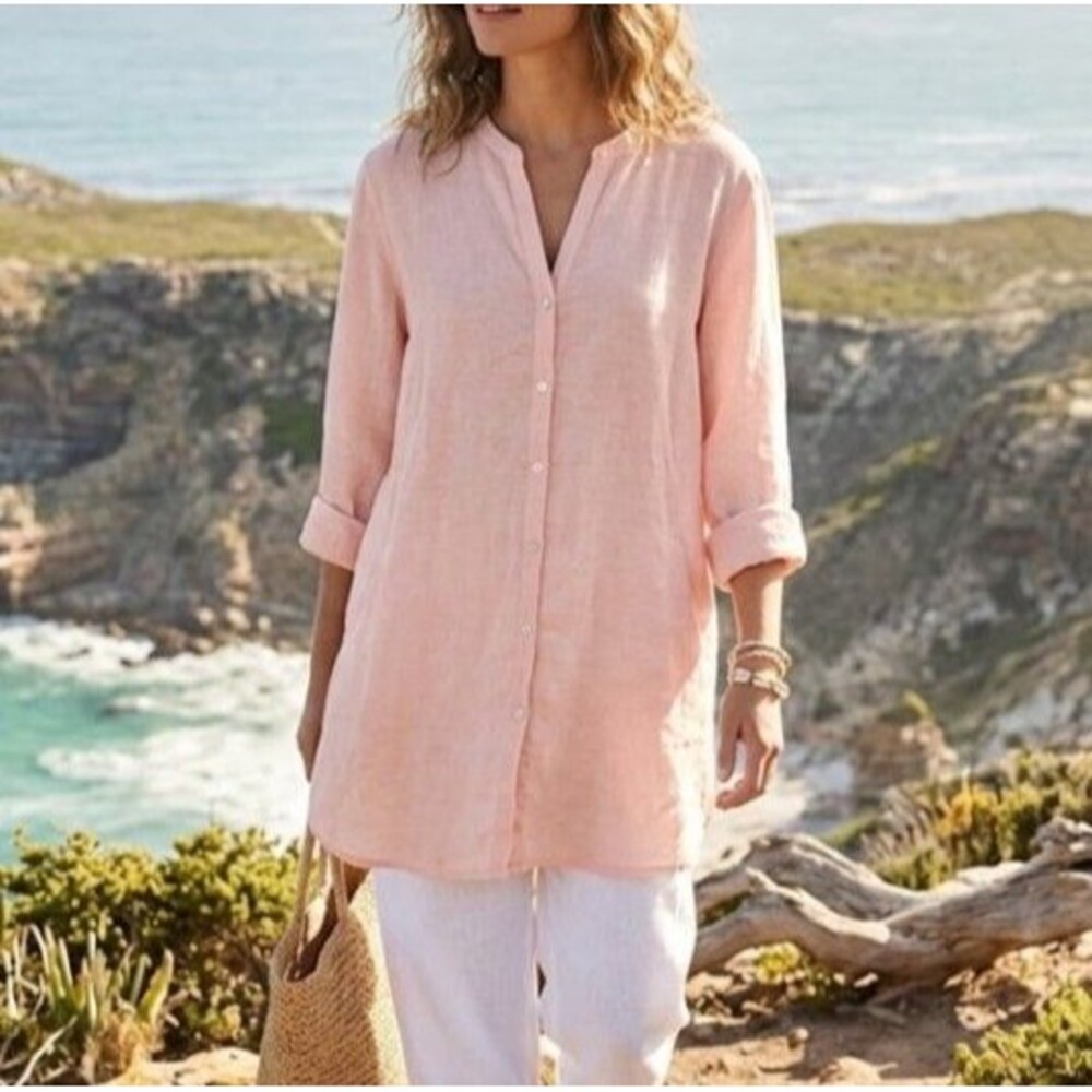 Sigrid Olsen Size L 100% Linen Blouse Tunic Pink Roll Tab Sleeves Coastal Boho